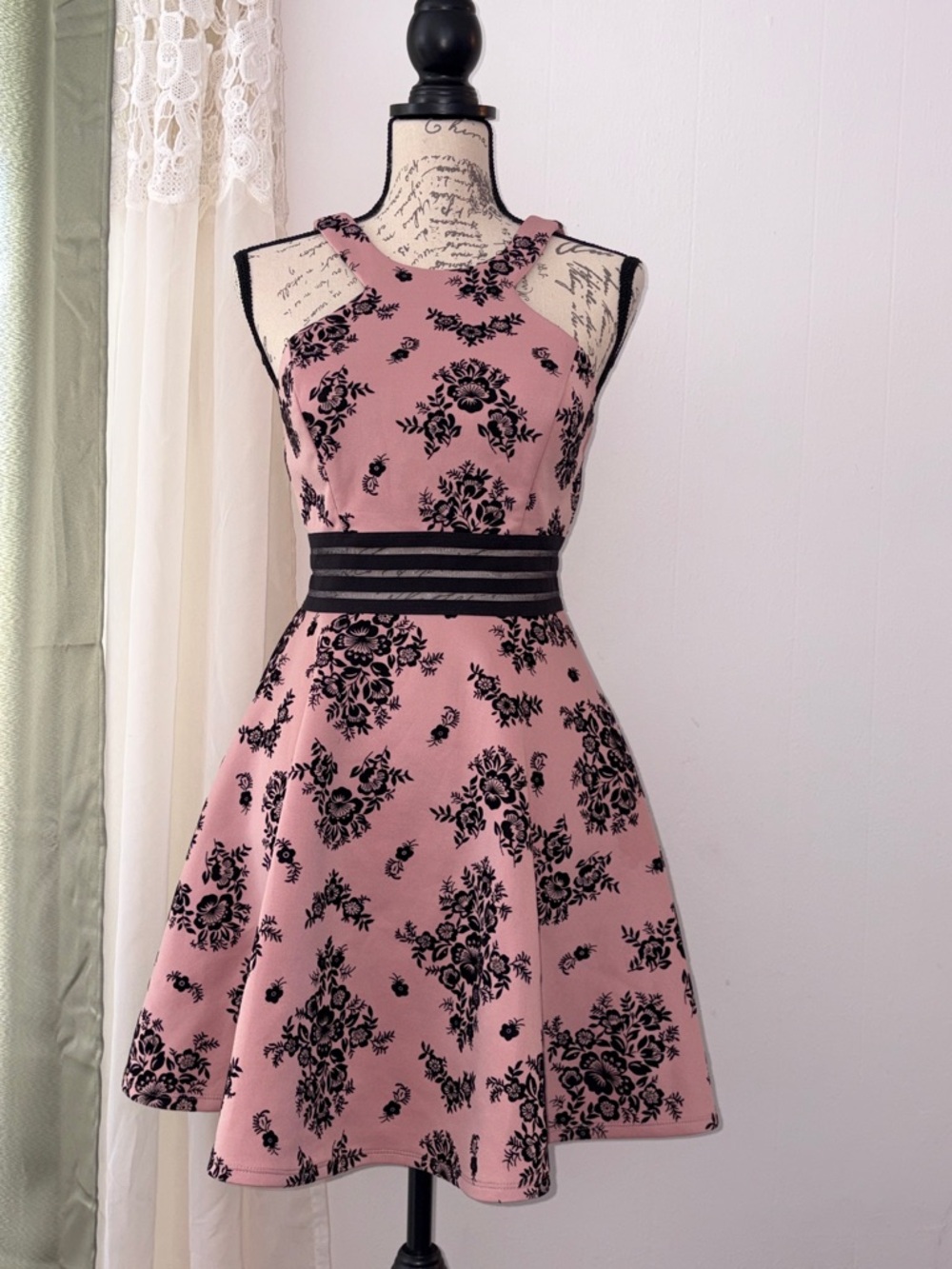Pinup Pink Dress Black Floral Contrast Waist Rockabilly Cocktail Party